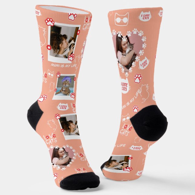 Custom Pet Cat Photo Collage Socks With Name (Angled)
