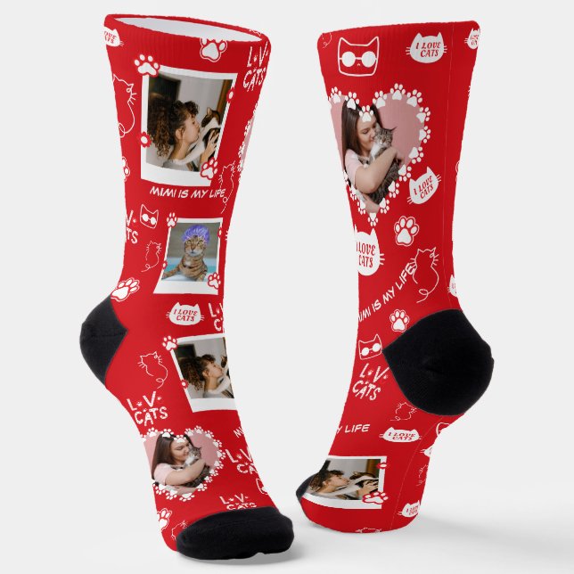 Custom Pet Cat Photo Collage Socks With Name (Angled)