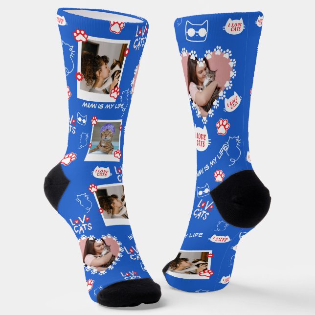 Custom Pet Cat Photo Collage Socks With Name (Angled)