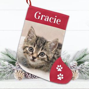 Custom Pet Cat Photo Holiday Red Personalized Large Christmas Stocking