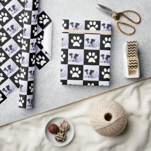 Custom Pet Dog Cat Photo Black Paw Print Pattern Wrapping Paper