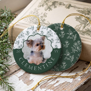 Custom Pet Dog Cat Photo Elegant Vintage Floral Ceramic Ornament