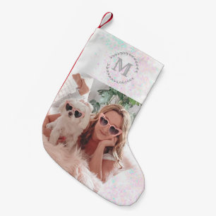 Custom Pet Dog Photo and Monogram Sequin Trim Small Christmas Stocking