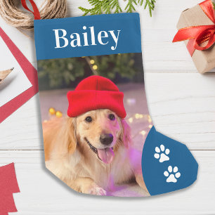 Custom Pet Dog Photo Holiday Blue Personalized Small Christmas Stocking