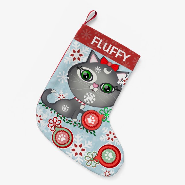 Custom Pet Grey Kitty Cat Christmas Stocking (Front (Hanging))