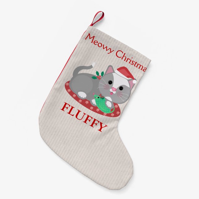 Custom Pet Grey Kitty Cat Christmas Stocking (Front (Hanging))