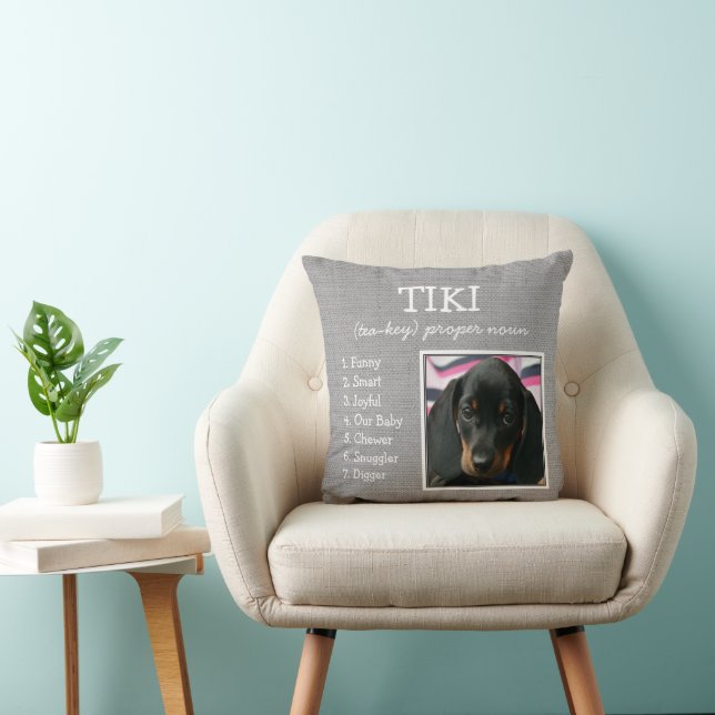 Custom Pet Keepsake Med Grey Faux Linen Throw Pillow (Chair)