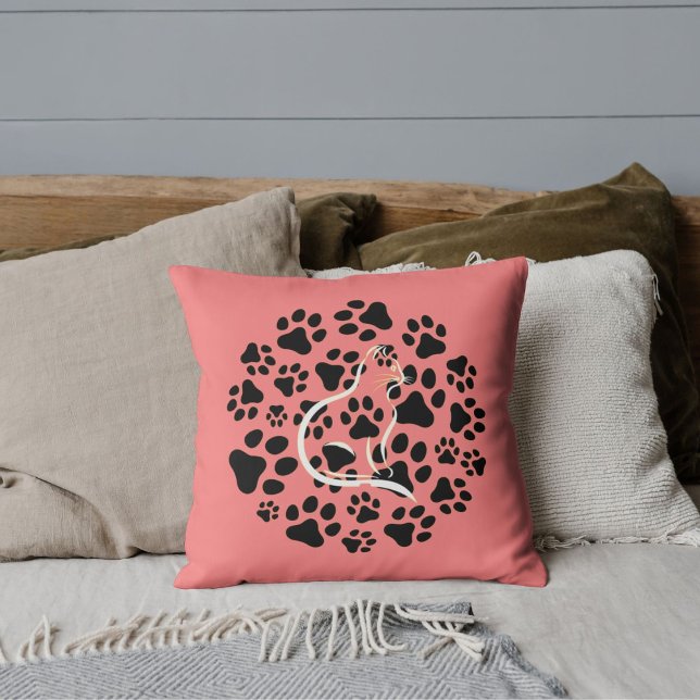 Custom Pet Lover Cat Black Paw Pattern On Salmon Throw Pillow (Creator Uploaded)