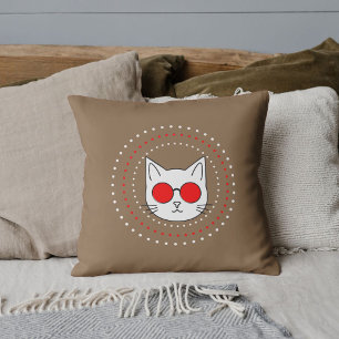Custom Pet Lover Mascot Cat Red White Dot On Brown Throw Pillow