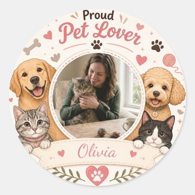 Custom Pet Lover Round Photo Sticker with Name (Front)