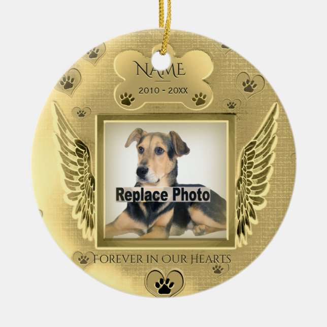 Custom Pet Memorial Gold Hearts Ceramic Ornament (Front)
