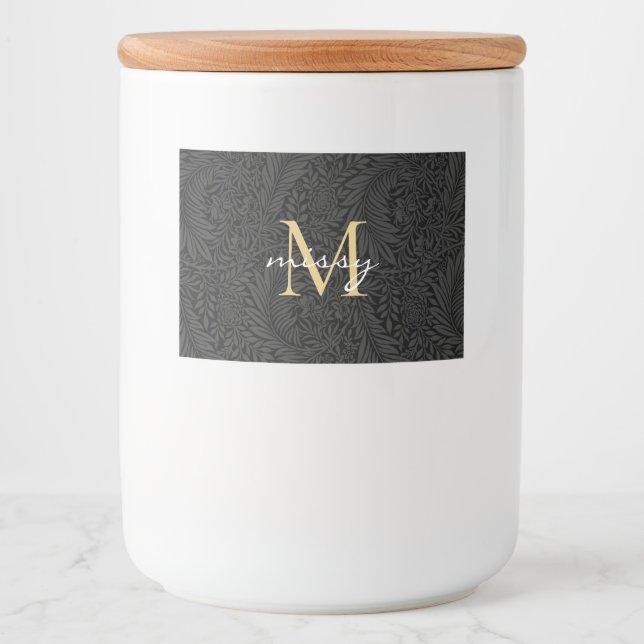 Custom Pet Name Black Botanical Gold Script Food Label (Front)