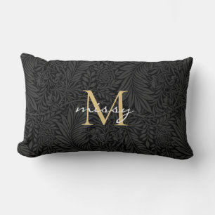 Custom Pet Name Black Botanical Gold Script Lumbar Pillow