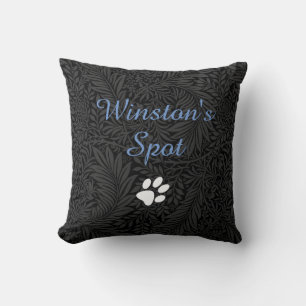 Custom Pet Name Black Floral Blue Script Throw Pillow