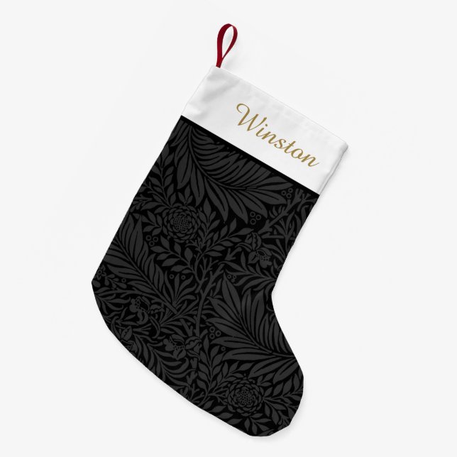 Custom Pet Name Black Floral Gold Script  Small Christmas Stocking (Front (Hanging))