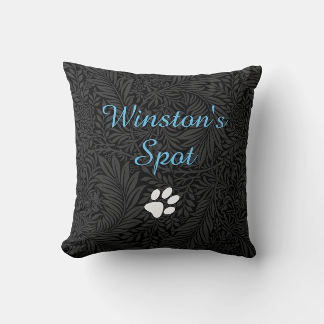 Custom Pet Name Black Floral Sky Blue Script Throw Pillow (Front)