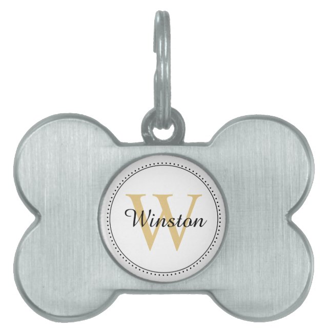 Custom Pet Name Gold Monogram White ID Tag (Front)
