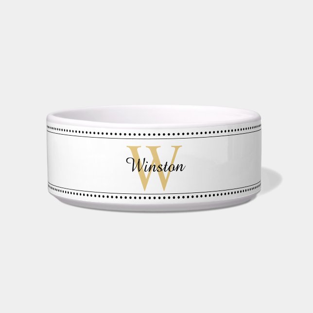 Custom Pet Name Gold Monogram White Pet Bowl (Front)