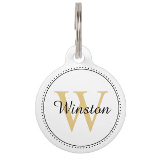 Custom Pet Name Gold Monogram White Pet Tag