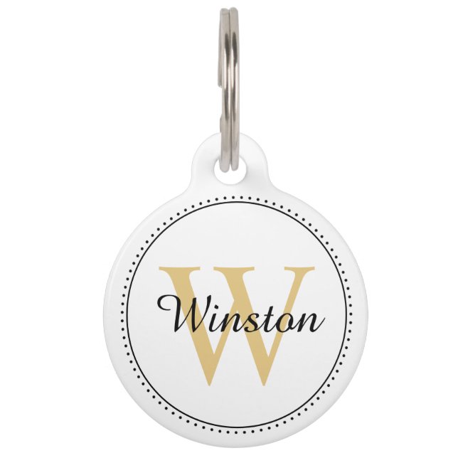Custom Pet Name Gold Monogram White Pet Tag (Front)