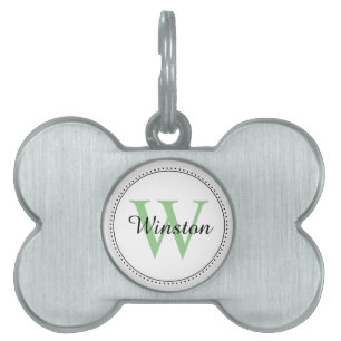 Custom Pet Name Green Monogram White ID Tag
