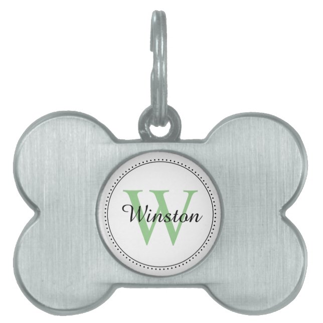 Custom Pet Name Green Monogram White ID Tag (Front)