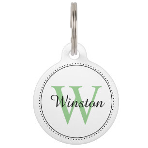 Custom Pet Name Green Monogram White Tag