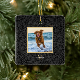 Custom Pet Name Photo Black Botanical  Ceramic Ornament