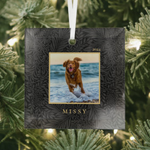 Custom Pet Name Photo Black Botanical  Glass Ornament