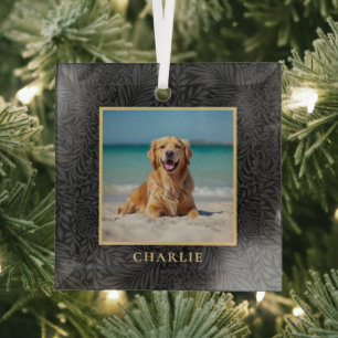 Custom Pet Name Photo Botanical Holiday Glass Ornament