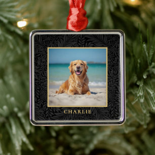 Custom Pet Name Photo Botanical Holiday Metal Ornament