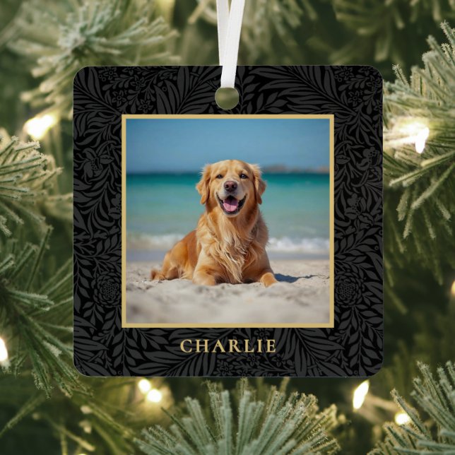 Custom Pet Name Photo Botanical Holiday Metal Ornament (Insitu)