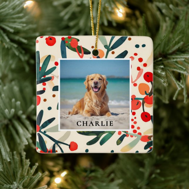 Custom Pet Name Photo Holly Berries Holiday Ceramic Ornament (Tree)