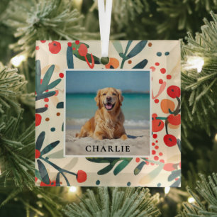 Custom Pet Name Photo Holly Berries Holiday Glass Ornament