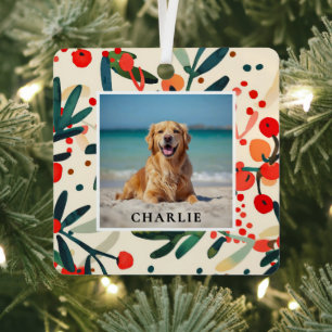 Custom Pet Name Photo Holly Berries Holiday Metal Ornament