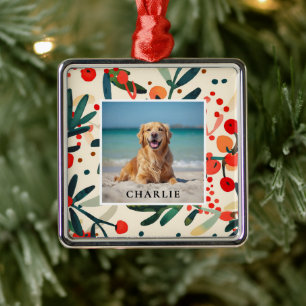 Custom Pet Name Photo Holly Berries Holiday Metal Ornament