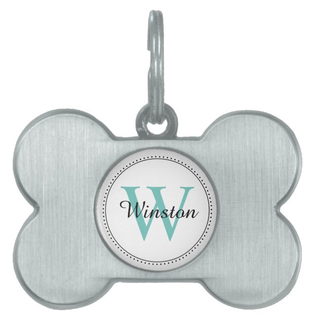 Custom Pet Name Teal Monogram White ID Tag (Front)