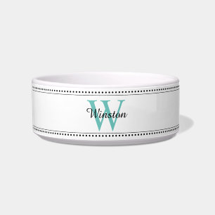 Custom Pet Name Teal Monogram White Pet Bowl