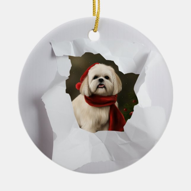 Custom Pet Peeking Through Christmas Ceramic Ornament (Front)