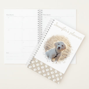 Custom Pet Photo And Beige & White Paws With Text Planner