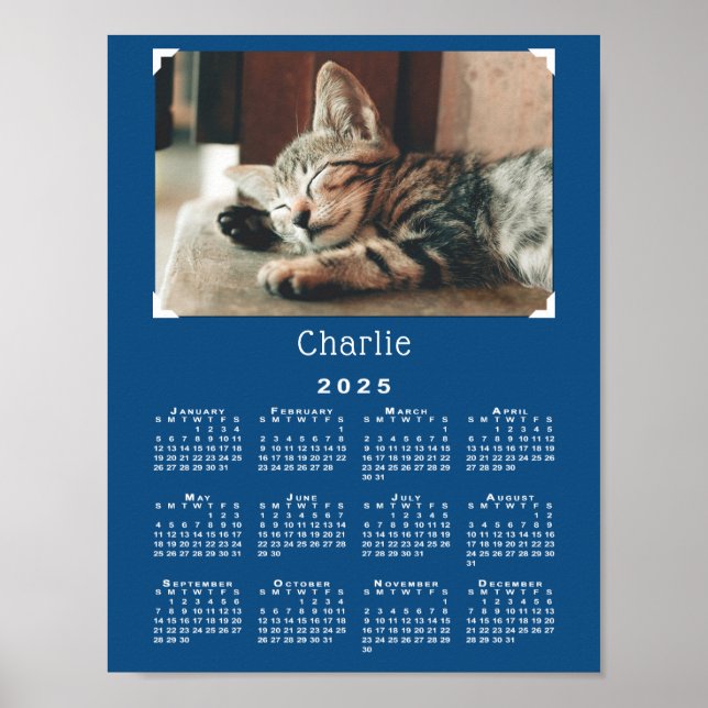 Custom Pet Photo and Name 2025 Calendar Blue Poster (Front)