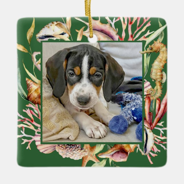 Custom Pet Photo Beach Christmas Ceramic Ornament (Front)