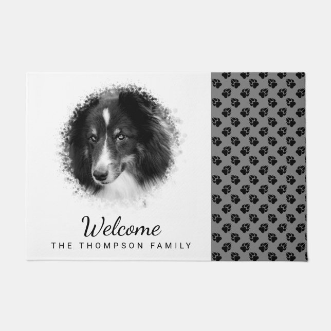 Custom Pet Photo & Black Paws On Grey & Your Text Doormat (Front)