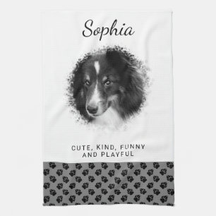 Custom Pet Photo & Black Paws On Grey & Your Text Kitchen Towel