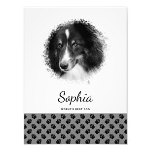 Custom Pet Photo & Black Paws On Grey & Your Text Print