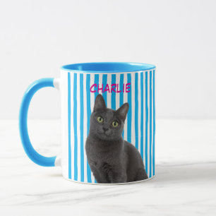 Custom Pet Photo Cat Dog Owner Blue Stripe Mug