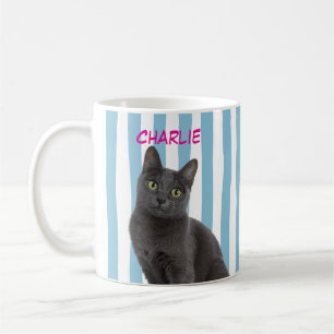 Custom Pet Photo Cat Mom Dog Lover Blue Stripe Coffee Mug