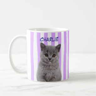 Custom Pet Photo Cat Mom Dog Lover Purple Stripe Coffee Mug