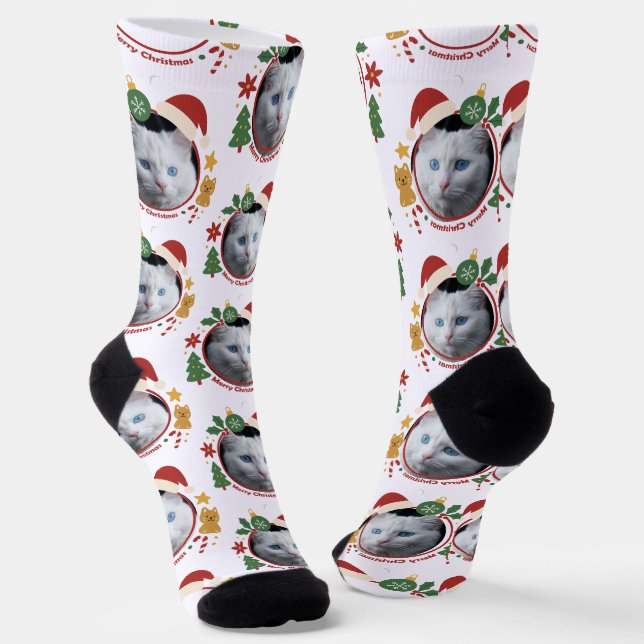Custom Pet Photo Christmas Pattern Fun Socks (Angled)