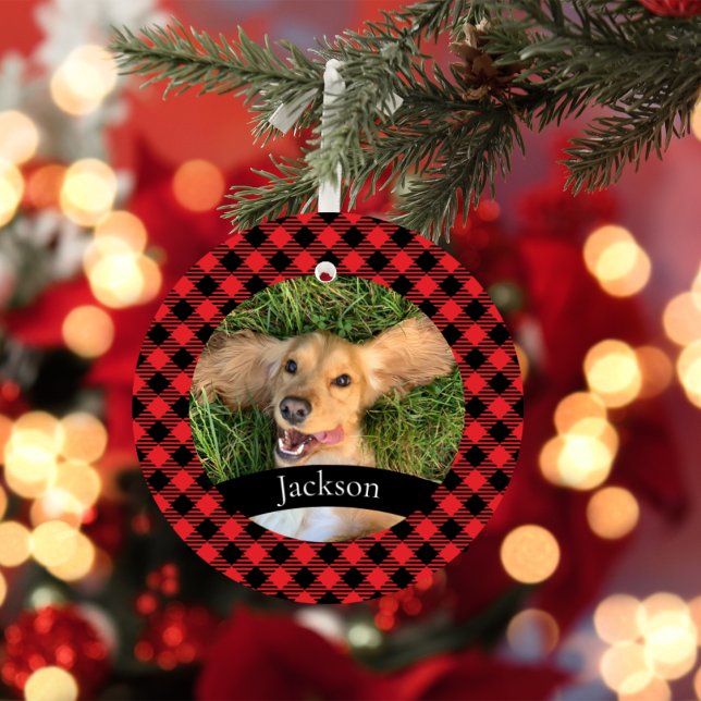Custom Pet Photo Christmas Red Plaid Ceramic Ornam Ornament (Creator Uploaded)